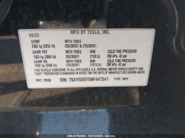 7SAYGDEF0NF447541 Tesla Model Y Performance Dual Motor All-wheel Drive