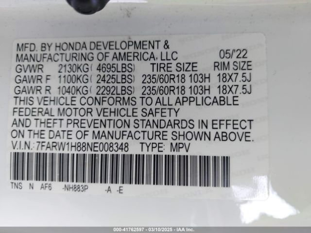7FARW1H88NE008348 Honda Cr-v 2wd Ex-l