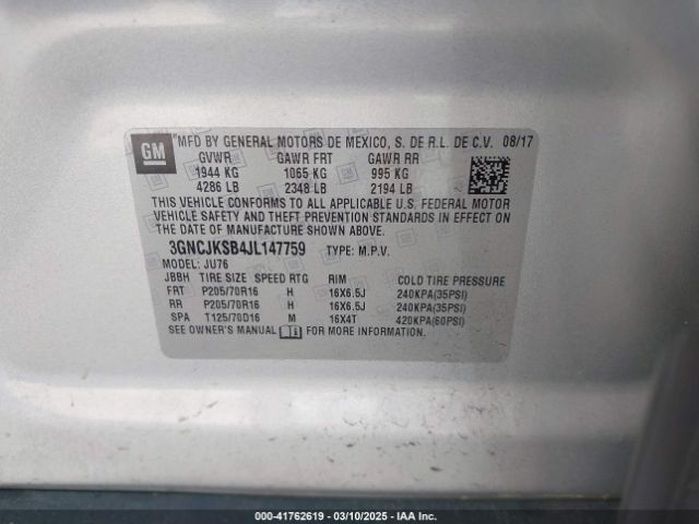 3GNCJKSB4JL147759 Chevrolet TRAX LS