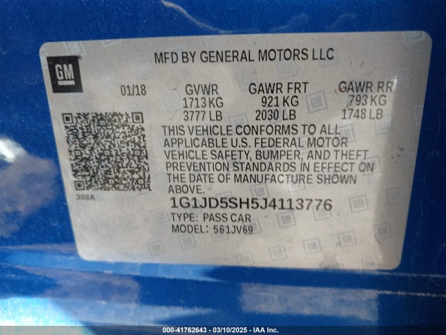 1G1JD5SH5J4113776 Chevrolet Sonic Lt Auto