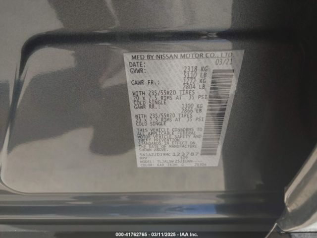 5N1AZ2DJ9MC123787 Nissan Murano Platinum Fwd