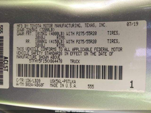 5TFHY5F15KX864478 Toyota Tundra Limited 5.7l V8