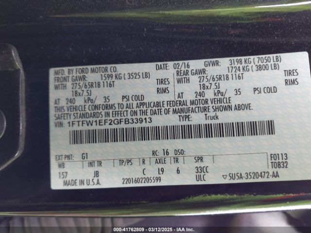 1FTFW1EF2GFB33913 Ford F-150 Xlt