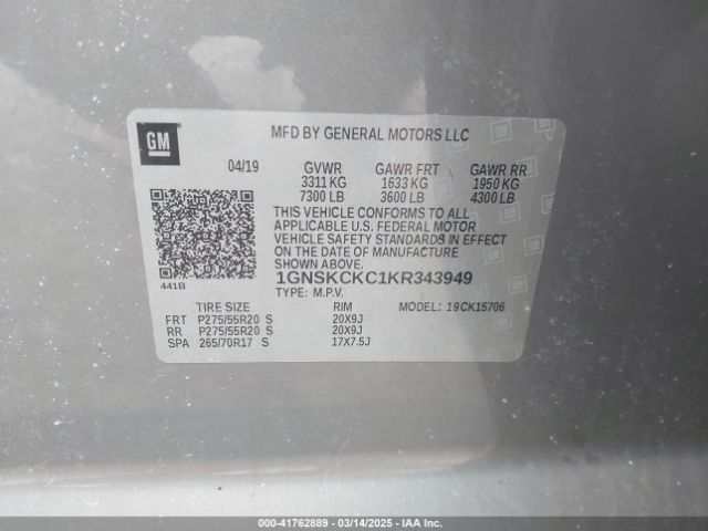 1GNSKCKC1KR343949 Chevrolet Tahoe Premier