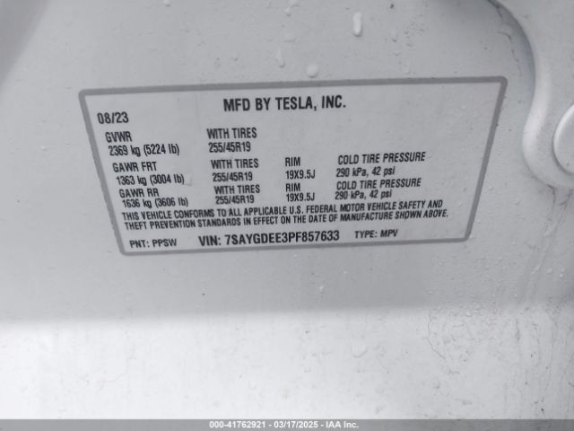 7SAYGDEE3PF857633 Tesla Model Y Awd/long Range Dual Motor All-wheel Drive