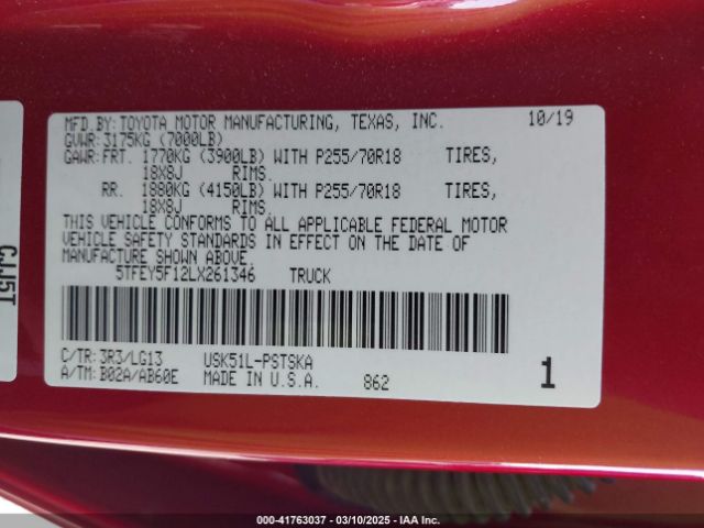 5TFEY5F12LX261346 Toyota Tundra Sr5