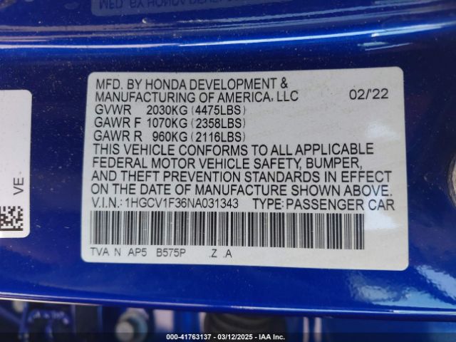 1HGCV1F36NA031343 Honda Accord Sport