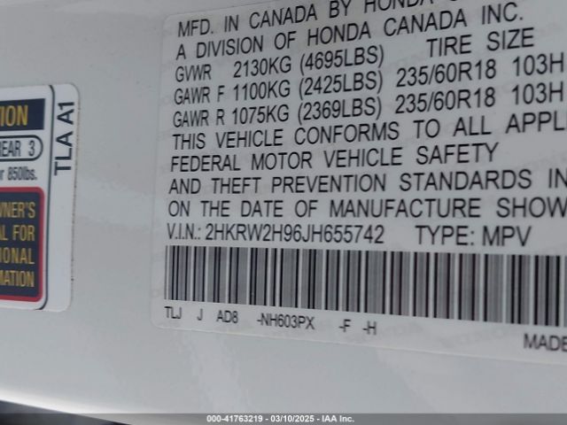 2HKRW2H96JH655742 Honda Cr-v Touring