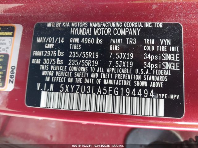 5XYZU3LA5EG194494 Hyundai Santa Fe Sport 2.0l Turbo