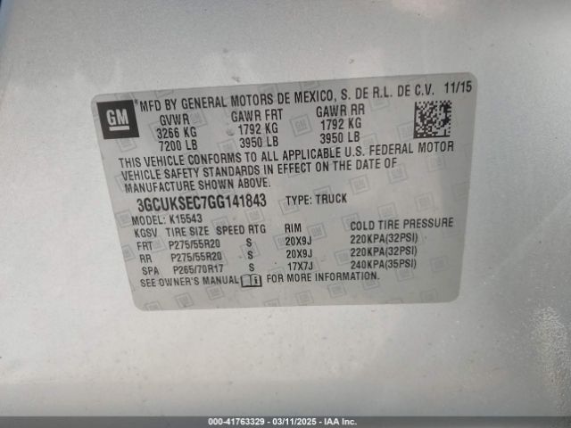3GCUKSEC7GG141843 Chevrolet Silverado 1500 2lz
