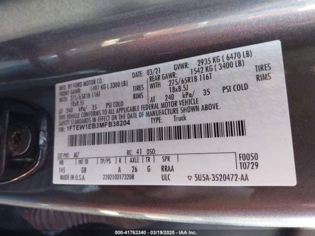 1FTEW1EB3MFB38204 Ford F-150 Xl