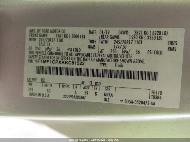 1FTMF1CPXKKC81522 Ford F-150 Xl