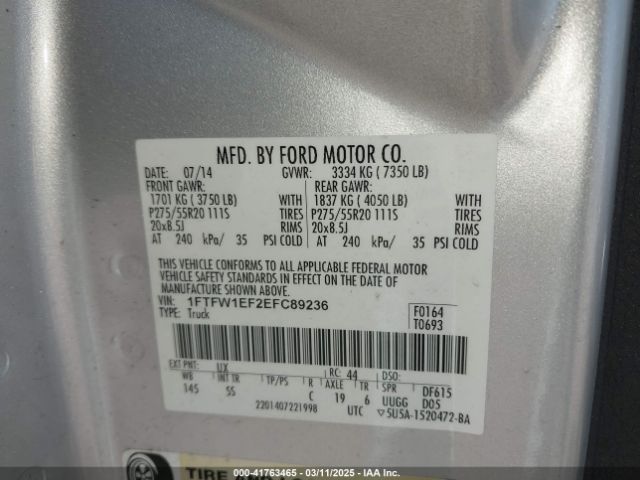 1FTFW1EF2EFC89236 Ford F-150 Stx