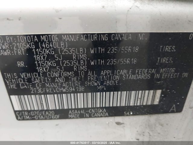 2T3DFREV0HW594198 Toyota Rav4 Limited