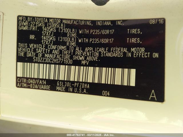 5TDZZ3DC2HS771930 Toyota Sienna L 7 Passenger