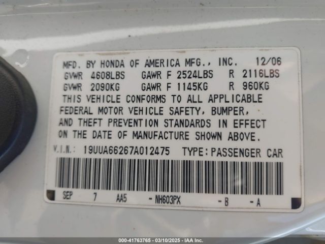 2007 ACURA TL 19UUA66267A012475 Photo 8