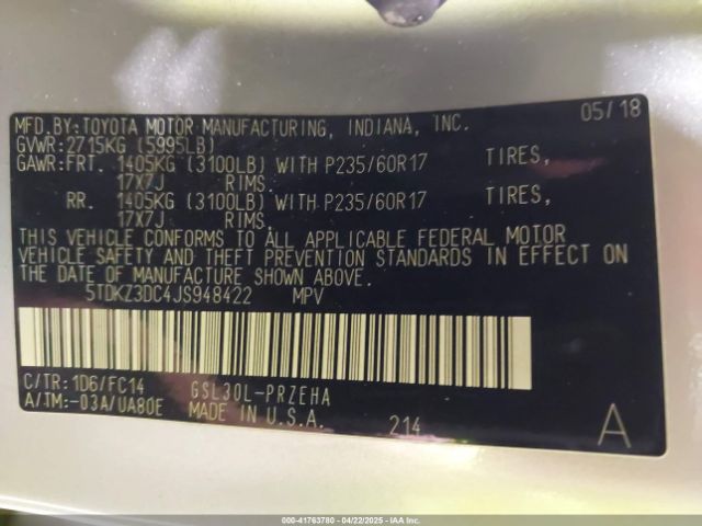 5TDKZ3DC4JS948422 Toyota Sienna Le 8 Passenger