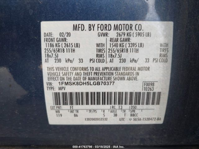 1FMSK8DH5LGB70377 Ford EXPLORER XLT