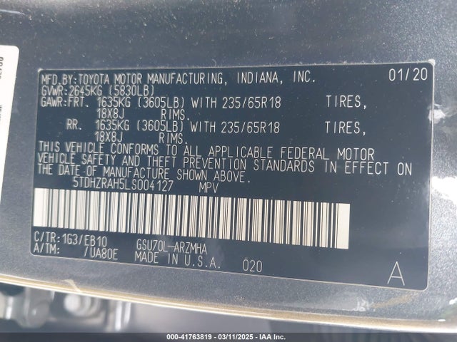5TDHZRAH5LS004127 Toyota Highlander Xle