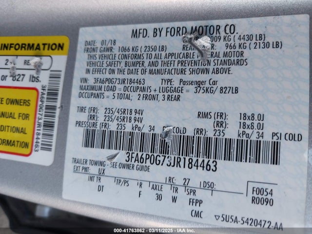 3FA6P0G73JR184463 Ford FUSION S