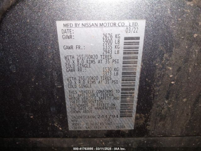 5N1DR3CBXNC244794 Nissan Pathfinder Sl 2wd