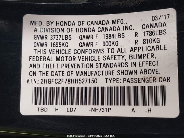 2HGFC2F78HH527150 Honda CIVIC EX