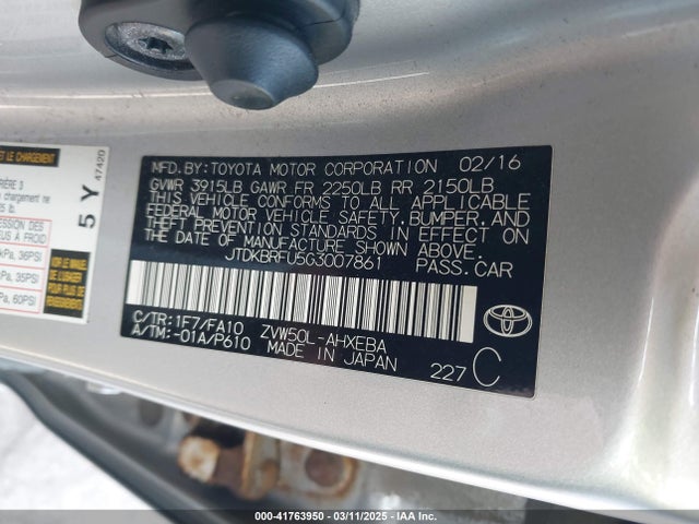JTDKBRFU5G3007861 Toyota Prius Two