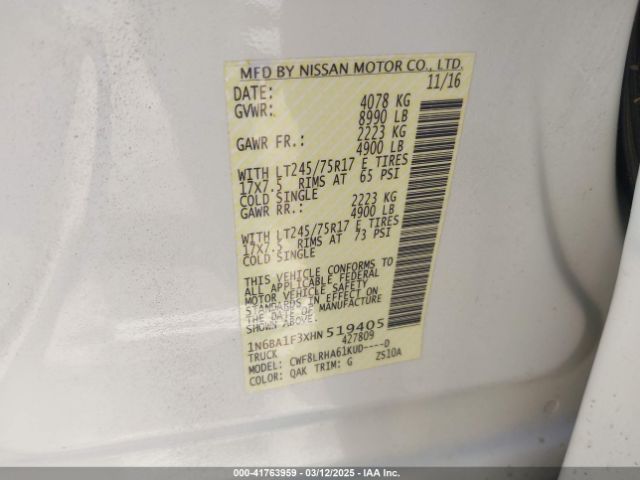 1N6BA1F3XHN519405 Nissan Titan Xd S Diesel