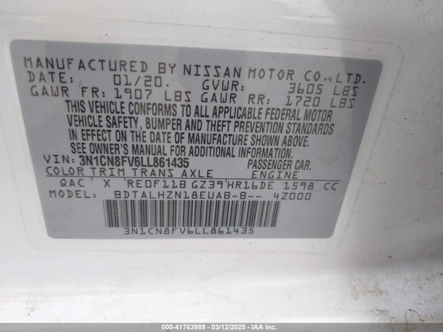 3N1CN8FV6LL861435 Nissan Versa Sr Xtronic Cvt