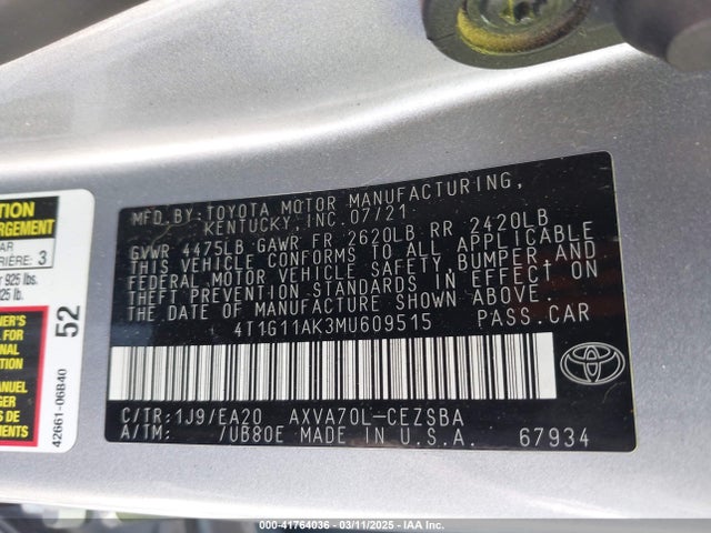 4T1G11AK3MU609515 Toyota CAMRY SE
