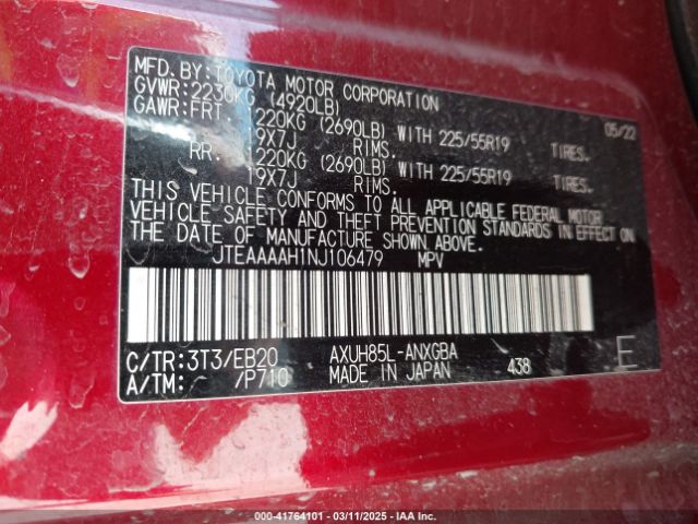JTEAAAAH1NJ106479 Toyota Venza Xle