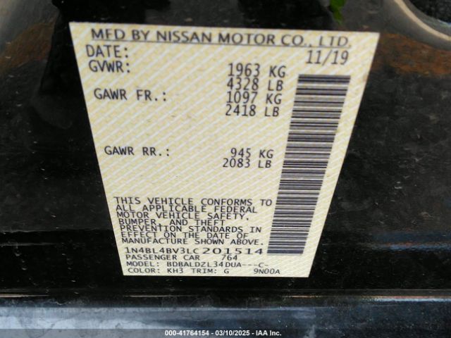 1N4BL4BV3LC201514 Nissan Altima S Fwd