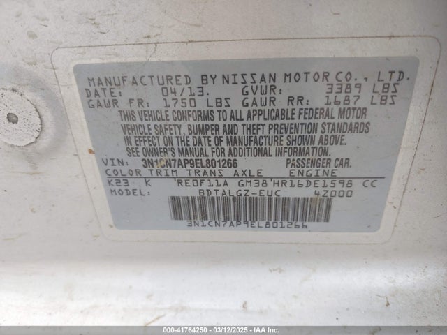 3N1CN7AP9EL801266 Nissan Versa 1.6 Sl