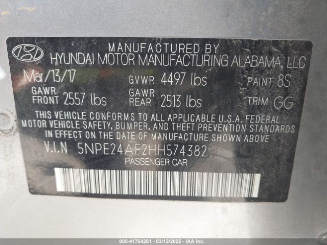 5NPE24AF2HH574382 Hyundai Sonata