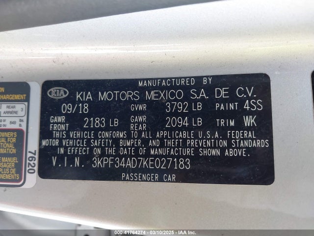 3KPF34AD7KE027183 KIA FORTE S