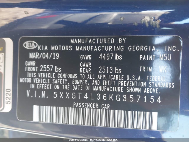 5XXGT4L36KG357154 KIA Optima Lx