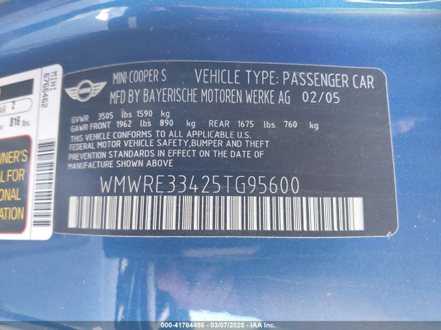 2005 MINI COOPER S WMWRE33425TG95600 Photo 8