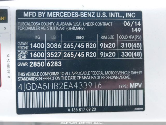 4JGDA5HB2EA433916 Mercedes-Benz 2014