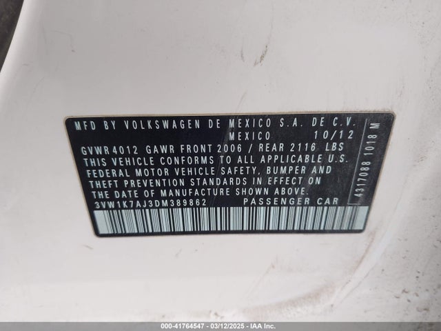 41764547 :رقم المزاد ، 3VW1K7AJ3DM389862 vin ، 2013 Volkswagen Jetta 2.0l S مزاد بيع
