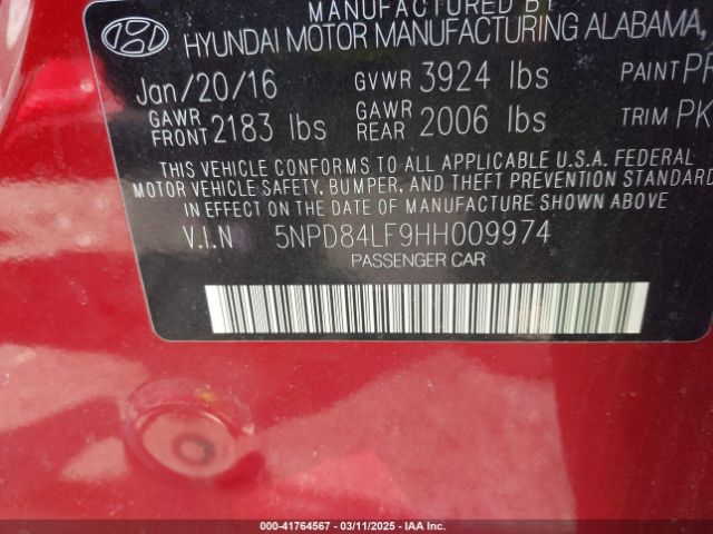 5NPD84LF9HH009974 Hyundai Elantra Limited