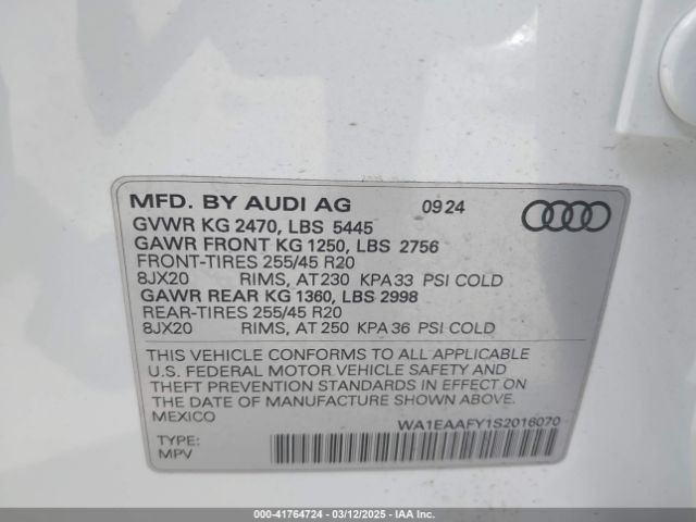 WA1EAAFY1S2016070 Audi Q5 Premium Plus 45 Tfsi S Line Quattro S Tronic