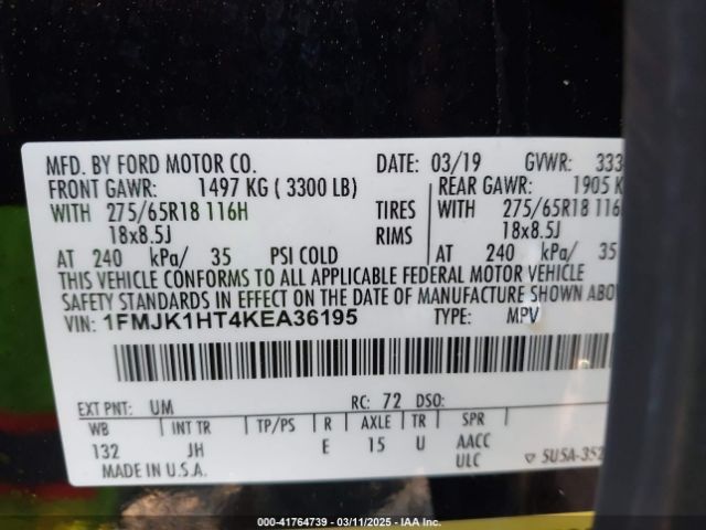 1FMJK1HT4KEA36195 Ford Expedition Max Xlt