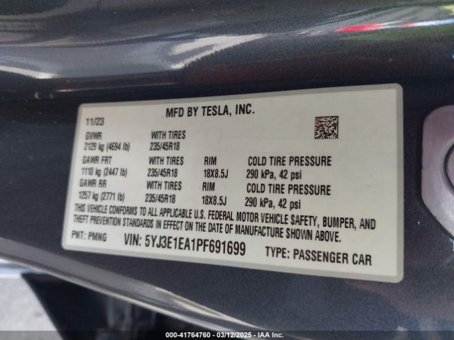 5YJ3E1EA1PF691699 Tesla Model 3 Rear-wheel Drive