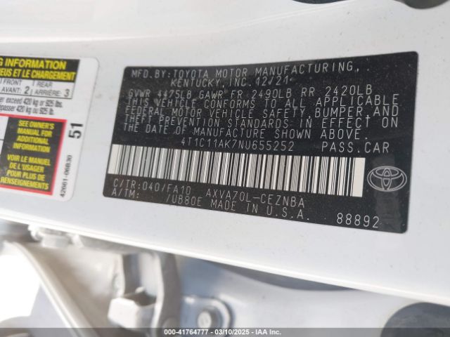 4T1C11AK7NU655252 Toyota CAMRY LE