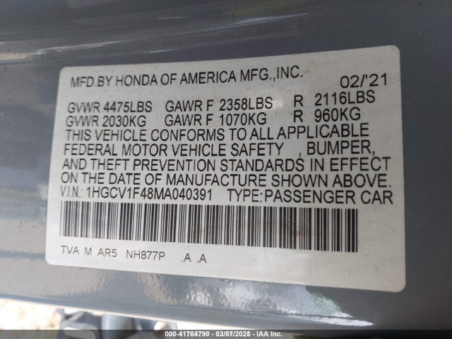 2021 HONDA ACCORD 1HGCV1F48MA040391 Photo 8