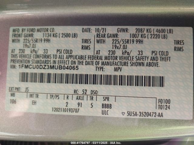 1FMCU0DZ3MUB04065 Ford Escape Titanium Hybrid