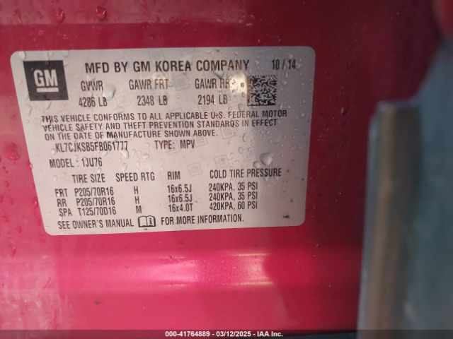 KL7CJKSB5FB061777 Chevrolet Trax 1ls
