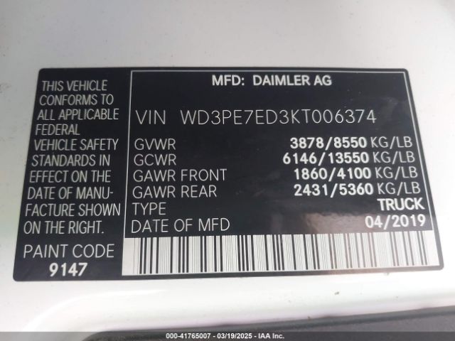 WD3PE7ED3KT006374 Mercedes-Benz Sprinter 1500 Standard Roof I4