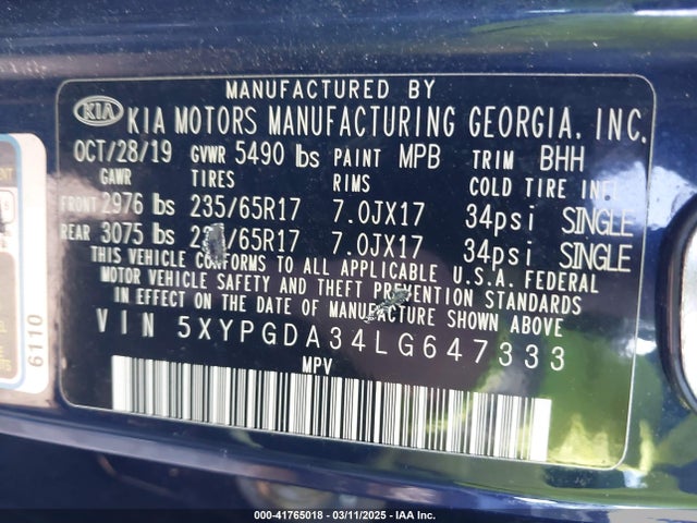 Продажа на аукционе авто 2020 Kia Sorento 2.4l Lx, vin: 5XYPGDA34LG647333, номер лота: 41765018