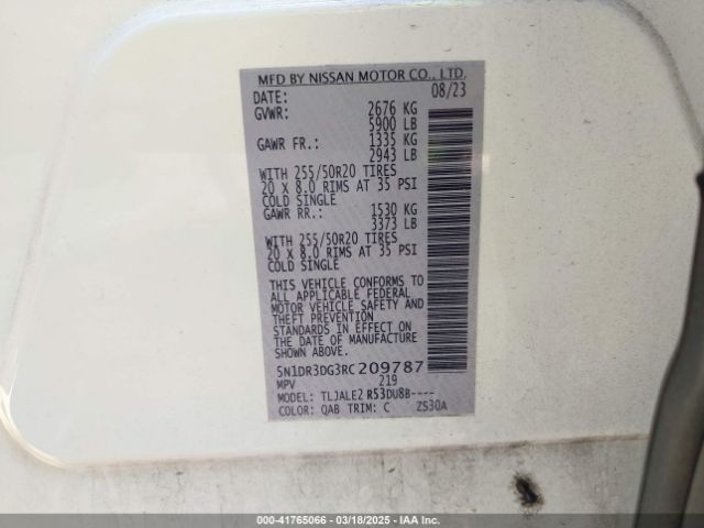 5N1DR3DG3RC209787 Nissan Pathfinder Platinum Fwd